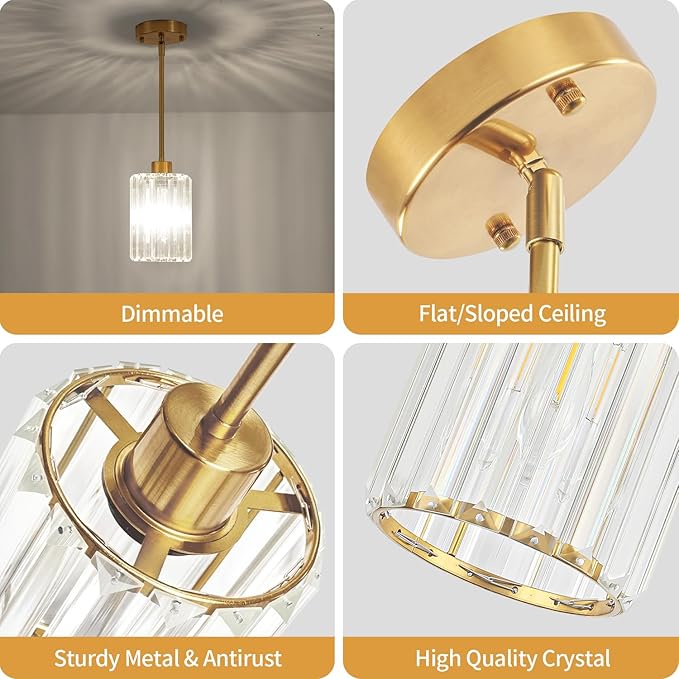 2 Pack Crystal Pendant Lights Kitchen Island, Brushed Brass Kitchen Pendant Lighting Over Island, Modern Dining Room Light Fixtures Adjustable Hanging Pendant Light for Bathroom Hallway Bedroom Foyer
