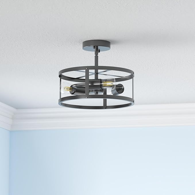 Semi Ceiling Light Fixture,3-Light Black Flush Mount Ceiling Light,13 Inch Hallway Light fixtures Ceiling,Light Fixtures Ceiling Mount for Farmhouse,Kitchen (2, 13.1 inch)