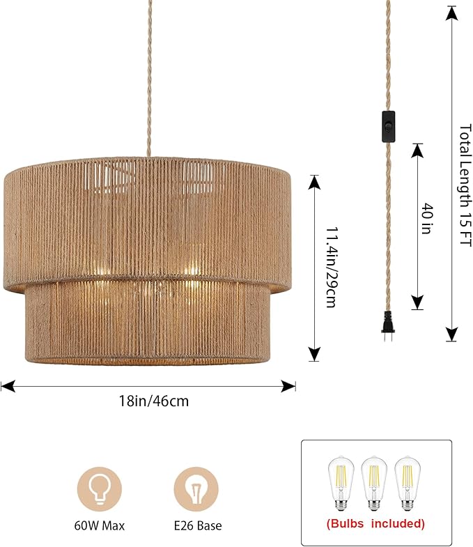 Large Plug in Pendant Light, 18in Plug in Rattan Chandelier with On/Off Switch Rattan Woven Shade, Hanging Pendant Light for Dining Room Living Room Kitchen Foyer (Includ Bulb)