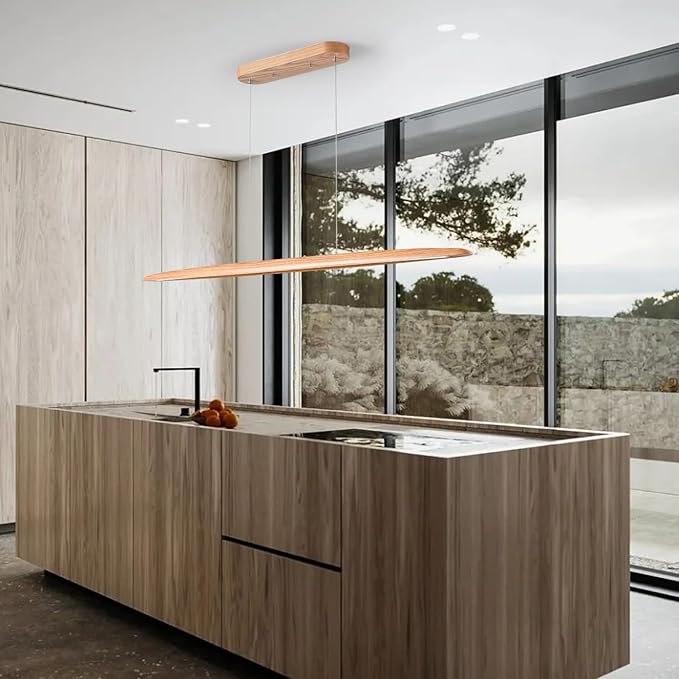 YISDESIGN 51" 36W Wood LED Linear Pendant Light Fixture Led Dining Room Light Dimmable Hanging Light Fixture for Dining Room Kitchen Island Pool Table Lights Natural Ash