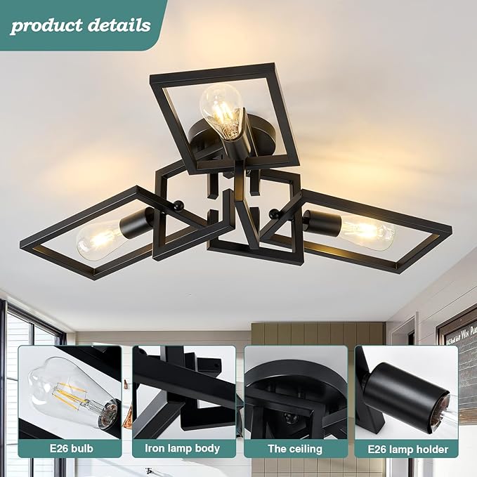 ZGLAOJT Black Industrial Flush Mount Ceiling Light 3-Light Kitchen Light Fixtures Modern Matte Sputnik Chandelier for Dining Room Bedroom Farmhouse Living Room