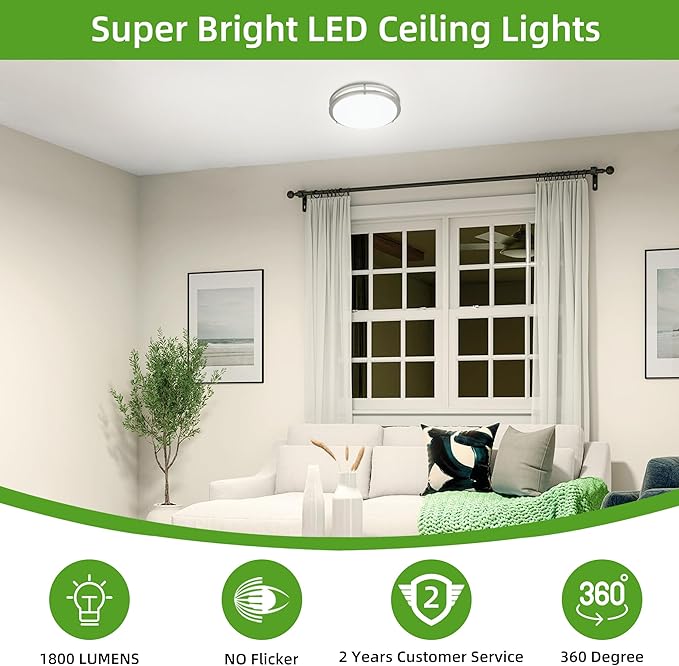 Hlite 24W 10inch LED Flush Mount Ceiling Light Fixture,1800LM Super Bright Light Fixture Ceiling Mount,LED Ceiling Light Flush Mount for Bedroom,Kitchen,Bathroom,5000K Daylight White,Nickel (1Pack)