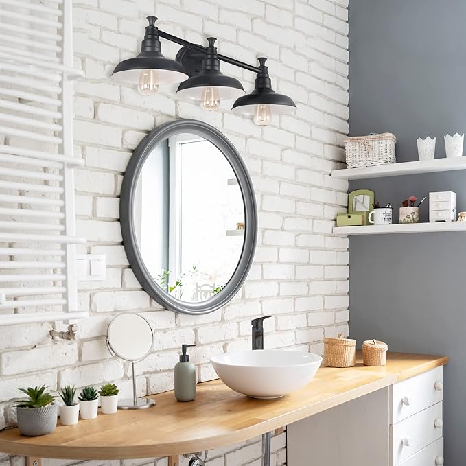 Design House 588533 Kimball Industrial Farmhouse 3-Light Indoor Bathroom Vanity Light Dimmable with Metal Shades for Over The Mirror, Matte Black