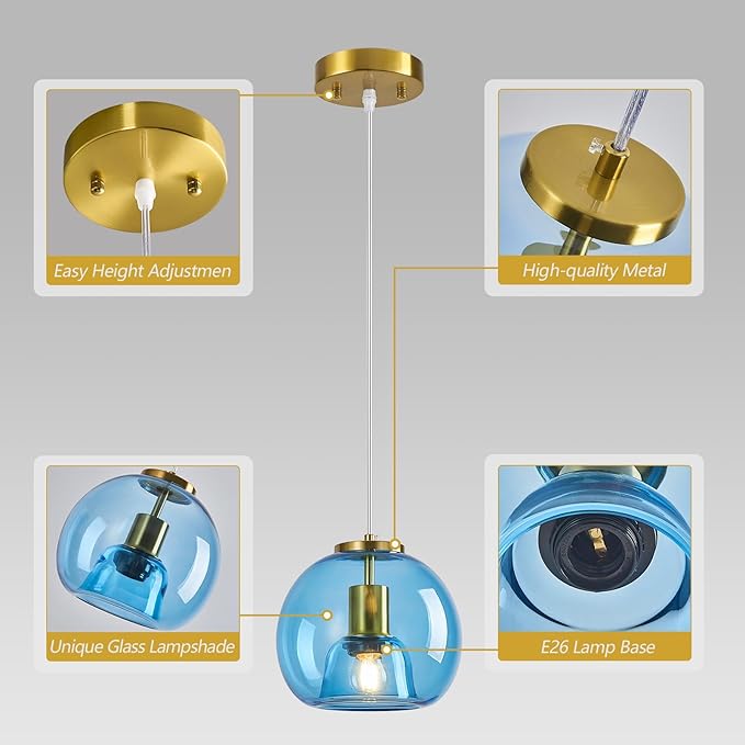 Light Blue Glass Pendant Lights Kitchen Island Gold Hanging Light Fixture Glass Globe Pendant Light Modern Pendant Lighting for Kitchen Island Bedroom Dining Room (7.87", B Style-1 Pack)