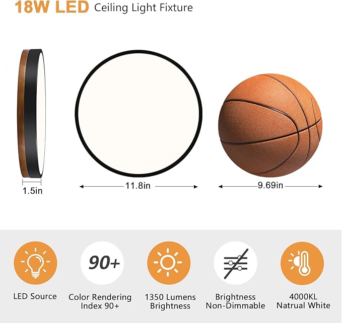 Modern Walnut Wood Black Flush Mount Ceiling Light, 11.81" Round LED Low Profile Close to Ceiling Fixture for Kitchen Bedroom Bathroom Laundry Hallway Entryway Closet Living Room