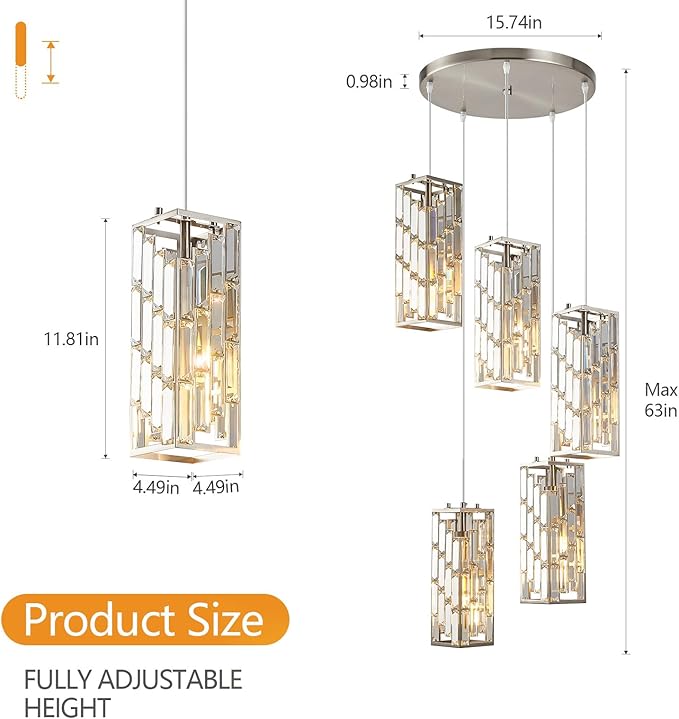 Brushed Nickel Pendant Lighting Modern Pendant Light, Mini Crystal Chandeliers,Adjustable Pendant Light Fixture for Kitchen Island Dinning Room Bedroom (5 Light)