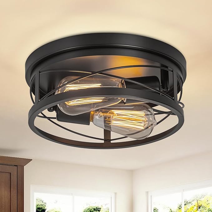 Farmhouse Ceiling Light Fixture Black Flush Mount Ceiling Light 2-Light Industrial Metal Cage Ceiling Lights for Hallway, Foyer, Kitchen, Dining Room Bedroom Living Room Laundry