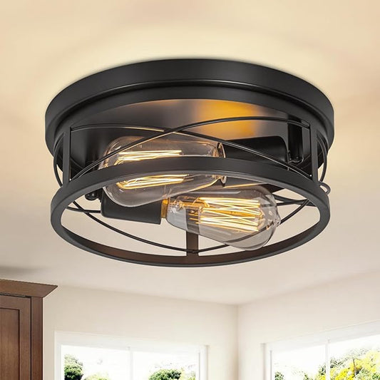 Farmhouse Ceiling Light Fixture Black Flush Mount Ceiling Light 2-Light Industrial Metal Cage Ceiling Lights for Hallway, Foyer, Kitchen, Dining Room Bedroom Living Room Laundry