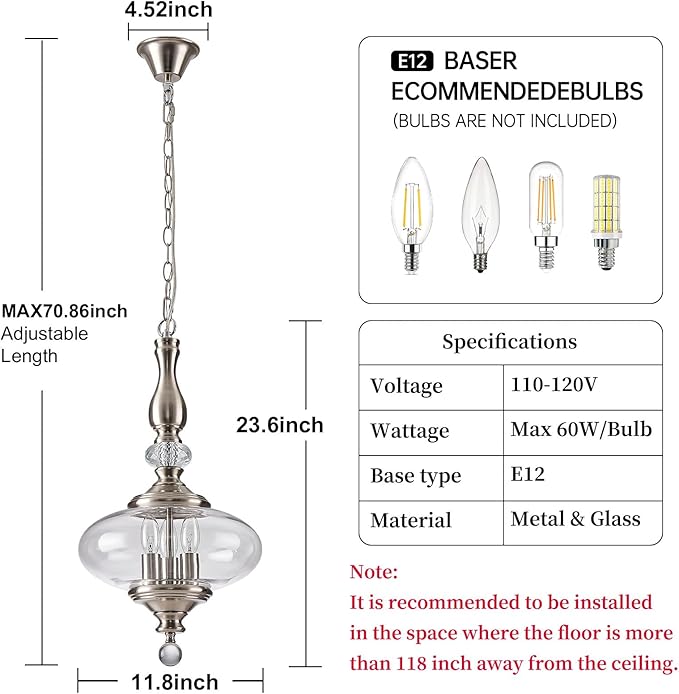 Brushed Nickel Pendant Light 11.8'' Wide 23.6'' High Modern Glass Pendant Light for Dining Room, Kitchen Island Adjustable Height