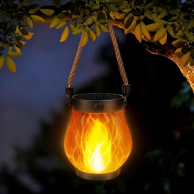 iBaycon 1 Pack Gen2 Solar Lantern Lights USB Ultra-Real Flame, Warm White | Solar Garden Lights with Dual Charging USB & Solar, 2 Modes Outdoor Waterproof Hanging Lantern for Patio Yard Home