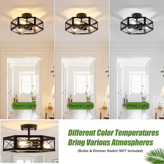 3-Light Kitchen Lighting Fixtures Ceiling Mount, Black Semi Flush Mount Ceiling Light for Dining Room Light Fixture, Farmhouse Close to Ceiling Lights with Hexagon Cage for Bedroom Hallway
