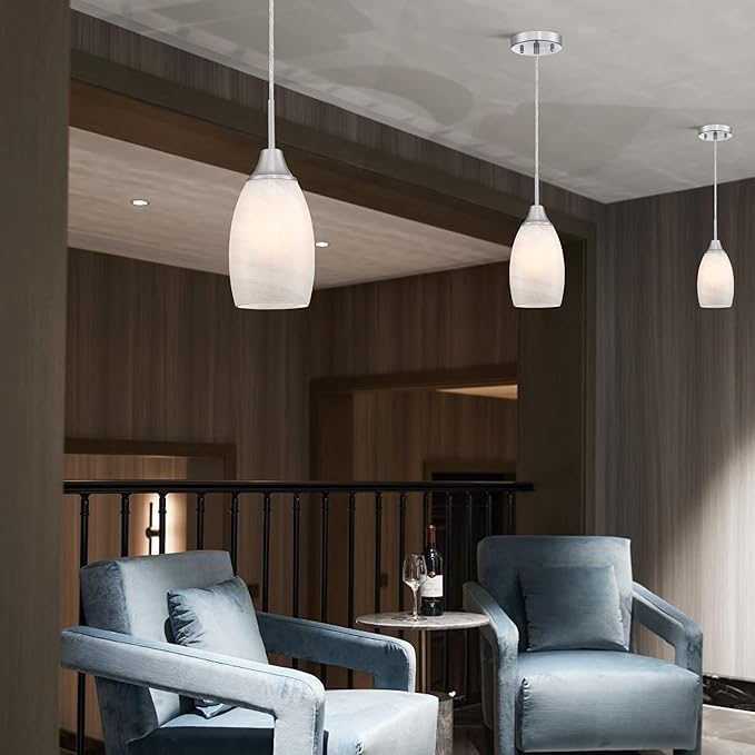 Viinew Mini Glass Pendant Light 1-Light with Handblown White Swirl Art Glass Adjustable Cord Brushed Nickel Finish 4.72" Modern Hanging Pendant Light for Kitchen Dining Room Living