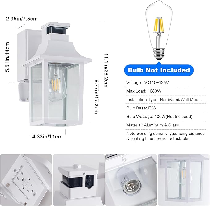 White Porch Light with GFCI Outlet & Motion Sensor, Dusk to Dawn Outdoor Wall Light, Waterproof Aluminum Exterior Light Fixture for Front Door, Garage, Patio(1-Pack)