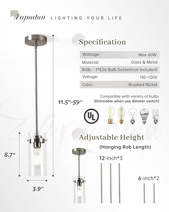 EAPUDUN Pendant Light (2 Packs), Kitchen Ceiling Hanging Light, Adjustable Height, Kitchen Light Fixtures Brushed Nickel Pendant Lights, Farmhouse Pendant Lighting for Sink Island, Home Décor Lighting