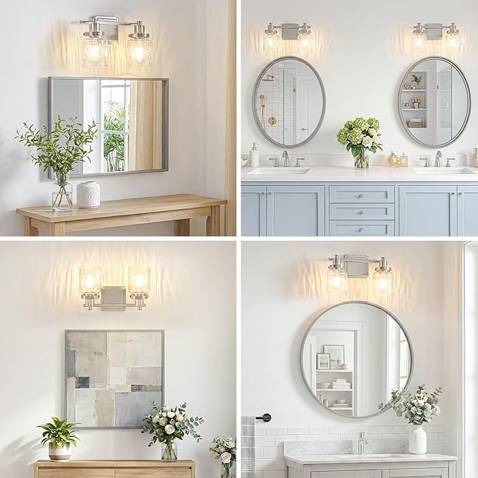 2 Lights Bathroom Light Fixtures Farmhouse Brushed Nickel Vanity Lights for Bathroom Lighting Fixtures Over Mirror with Hammered Glass Lampshade for Cabinet Mirror Bedroom Hallway