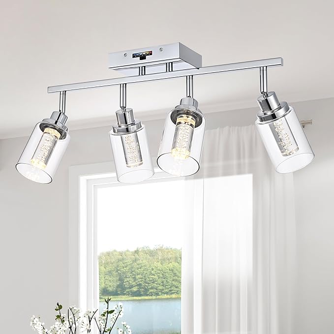 MELUCEE 5-Color Dimmbale Track Lighting Fixtures Ceiling 4-Light LED Track Lighting Kit Chrome Rotatable Spotlight Ceiling Mount Bathroom Wall Sconces, Kitchen Tracking Lights, Clear Glass Shade