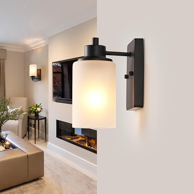 3-Pack Modern Wall Sconces, Indoor Bath Vanity Light Fixture Bathroom for Living Room, Porch, Bedside, Farmhouse Black Finish with White Frosted Glass Shades Wall Mounted Lights