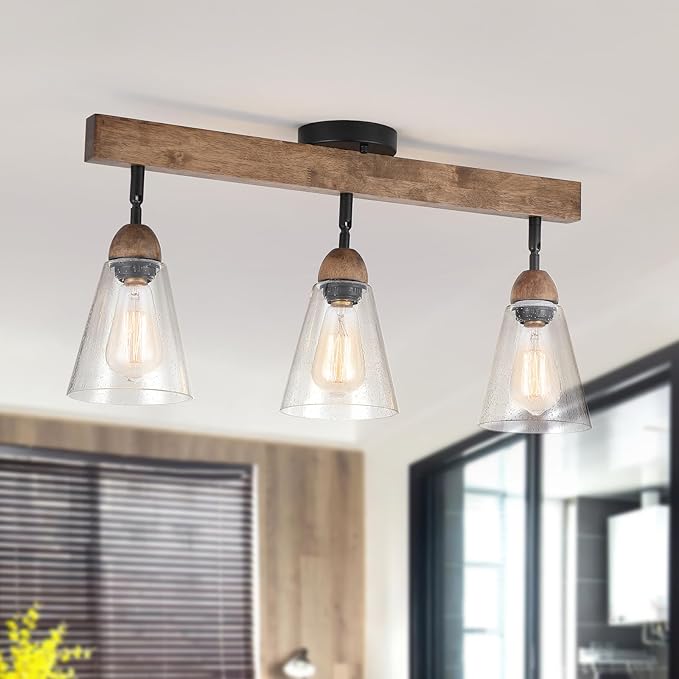 3-Light Large Rustic Farmhouse Wood Flush Mount Ceiling Light Fixture Clear Seeded Glass Shade and Oak Wood Track Semi Flush Mount Ceiling Light for Kitchen Living Room Bedroom Indoor, Black