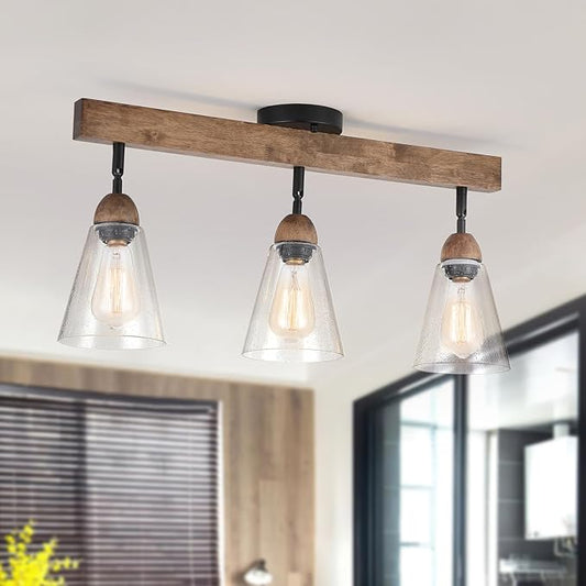 3-Light Large Rustic Farmhouse Wood Flush Mount Ceiling Light Fixture Clear Seeded Glass Shade and Oak Wood Track Semi Flush Mount Ceiling Light for Kitchen Living Room Bedroom Indoor, Black
