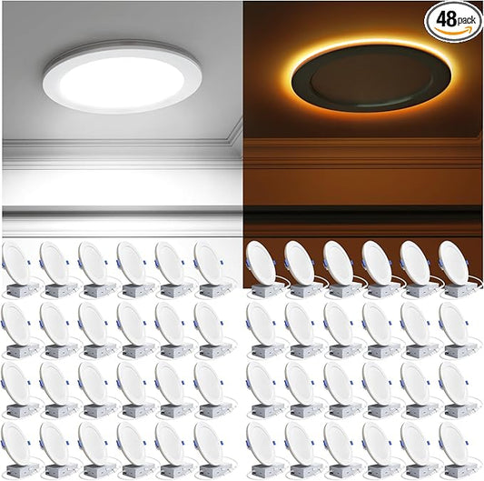 Ensenior 48 Pack 6 Inch LED Recessed Ceiling Light with Night Light, Dimmable, 2700K-5000K 5CCT, 1050LM 12W 120V, High Brightness Canless Wafer Downlight - FCC&ETL