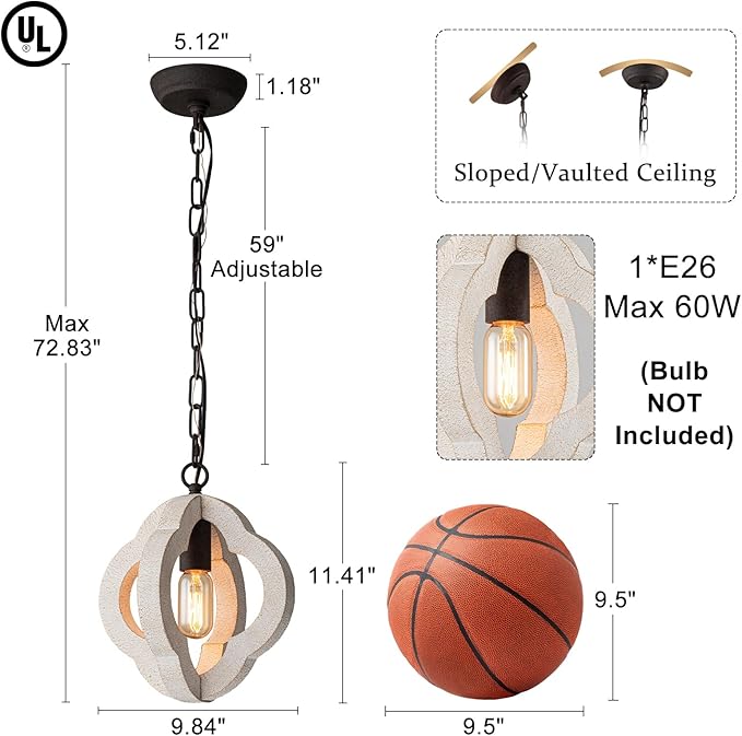 9.84" Modern Farmhouse Wood Pendant Lights Kitchen Island Small Orb Distressed White Oak Pendant Light Rustic Ceiling Hanging Light for Kitchen Over Sink Hallway Entryway Foyer Adjustable Chain E26