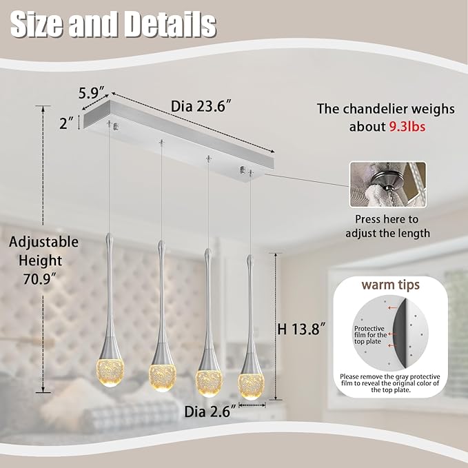 ykolupty Dining Room Light Fixture 4-Light Silver Kitchen Island Lighting Industrial Linear Crystal Chandeliers for Dining Room Pendant Light Fixture for Living Room Hallway Bedroom