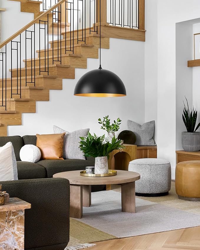 15.7" Black Pendant Lights Kitchen Island - Large Industrial Pendant Light Gold Interior Dome Hanging Light for Dining Room, Bedroom