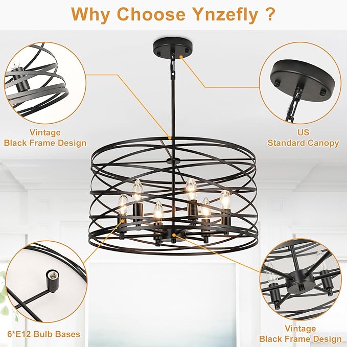 WILON 6-Light Pendant Lights Kitchen Island,19.68'' Spiral Cage Pendant Lights,Adjustable Black Industrial Pendant Light Fixtures Retro Lighting for Kitchen Island, Living Room, Bedroom