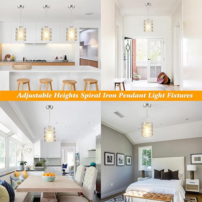 Brushed Nickel Pendant Light for Kitchen Island, Spiral Iron Pendant Light Fixtures with Seeded Glass Shade, Adjustable Height Hanging Pendant Lighting for Dining Room Hallway Kitchen Foyer