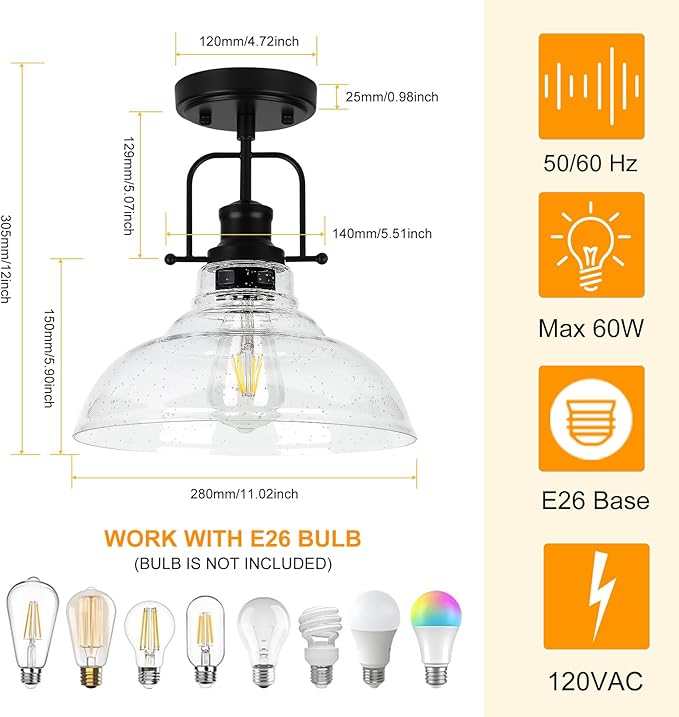 WILON 2 Pack 11'' Seeded Glass Ceiling Light Fixture Black Semi Flush Mount Ceiling Light Fixture Modern Farmhouse Lighting Fixture Ceiling Lamp for Kitchen Hallway Dining Living Room Entryway