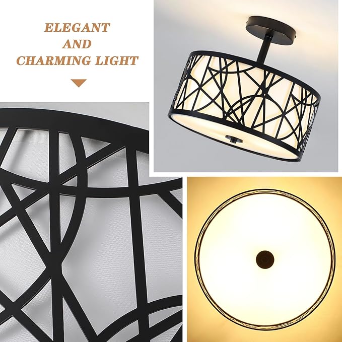 BUXVRCS Semi Flush Mount Ceiling Light, Unique 3-Light Drum Light Fixture with Fabric Shade, Kitchen Light Fixtures Ceiling Mount, Modern Close to Ceiling Lamp for Living Room (Black)