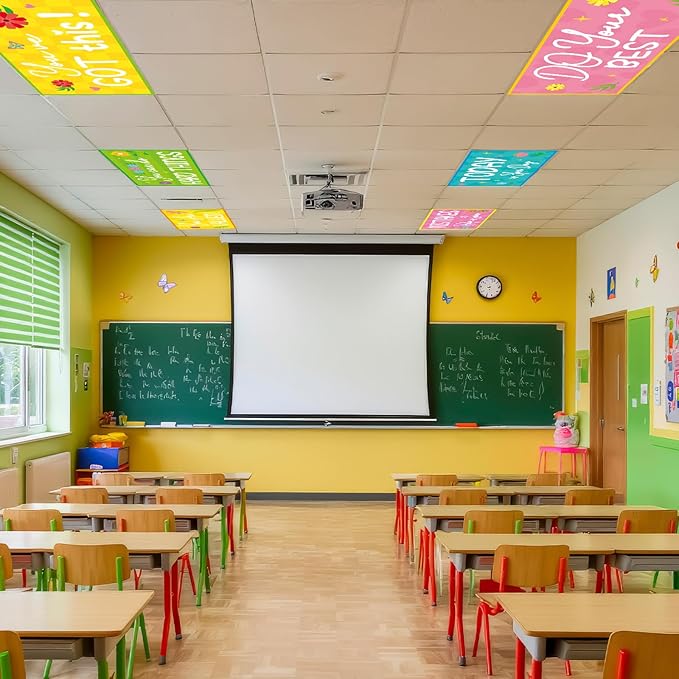 6PCS Fluorescent Light Covers for Classroom Ceiling Light 4x2ft Magnetic Lights Covers Filter Easy Install for Office School Hospitals Ceiling Supply (Spring Motivational)