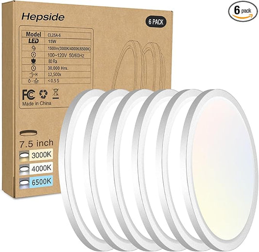 hepside 6PACK LED Flush Mount Ceiling Light, 3000K-4000K-6500K & 100W Equivalent Modern Kitchen Recessed Ceiling Lamp 15W 1500Lm 7.5 Inch for Bathroom Closet Laundry Bedroom Hallway, White