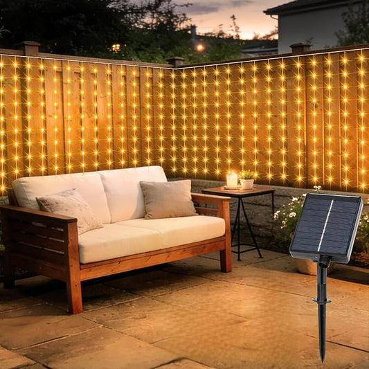 DBFAIRY Solar Curtain Lights 300 LED Outdoor Curtain Lights Waterproof | 19.6ft x 3.9ft Solar Twinkle Curtain Lights Remote Timer Dimmable for Garden Party Wedding Decór, Warm White
