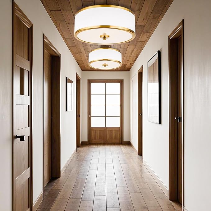 3-Light Flush Mount Ceiling Light Fixture, 12.6" Drum Light with White Fabric Shade, Modern Close to Ceiling Light for Living Room Bedroom Dining Room Kitchen Hallway Entry (Brushed Gold)