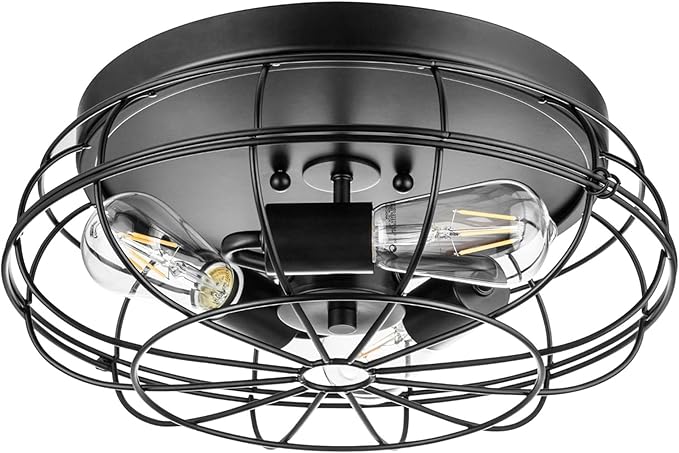 Prominence Home Lincoln Woods 15" Matte Black Industrial Flush Mount Light with Cage - 51552-01