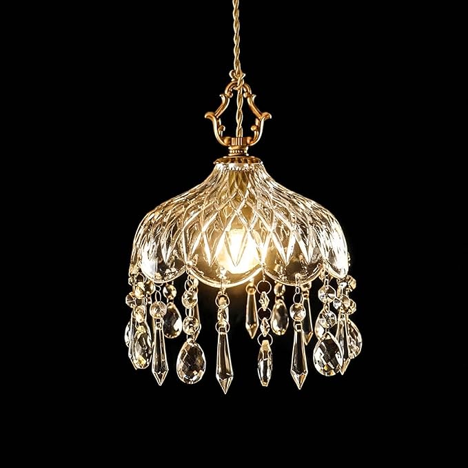 Vintage Crystal Small Pendant Lights Kitchen Island, Adjustable Cord Length 0.5" to 70", Dia7.87 Glass Shade Light Fixture,Brass Hanging Light, Chandelier for Bedroom (1-Pack，Hard-Wired
