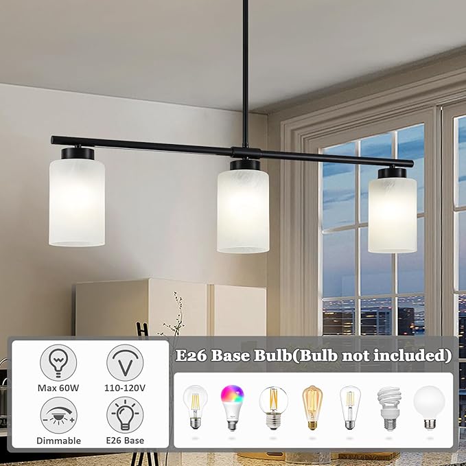 31" Kitchen Island Lighting 3 Light Black Pendant Light for Kitchen Island with Milk Glass Shade Modern Linear Chandelier Adjustable Hanging Farmhouse Light Fixtures Over Dining Table Living Room，E26