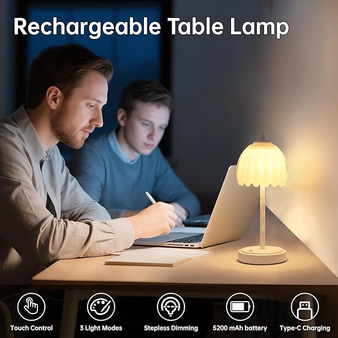 Shenmoyl Tulip Table Lamp with 5200mAh Battery & Touch Control, Cordless Small Table Lamp with 3 Colors, Dimmable Rechargeable Table Lamps for Living Room, Bedroom, Bedside (White Tulip & White Base)