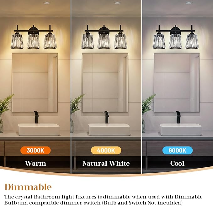 Crystal Bathroom Light Fixtures Over Mirror, Black 3-Light Bathroom Vanity Lights Over Mirror Modern Wall Lighting Sconces with Ceramic E26 Base (Bulbs Not Include)