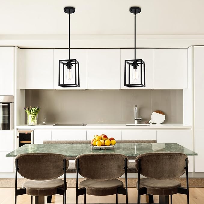 Matte Black Farmhouse Pendant Light Fixtures, Industrial Kitchen Island Light, Rectangle Linear Metal Hanging Lighting Fixture Ceiling Mount with Clear Glass Shade E26 Base for Dining Room, 2 Pack