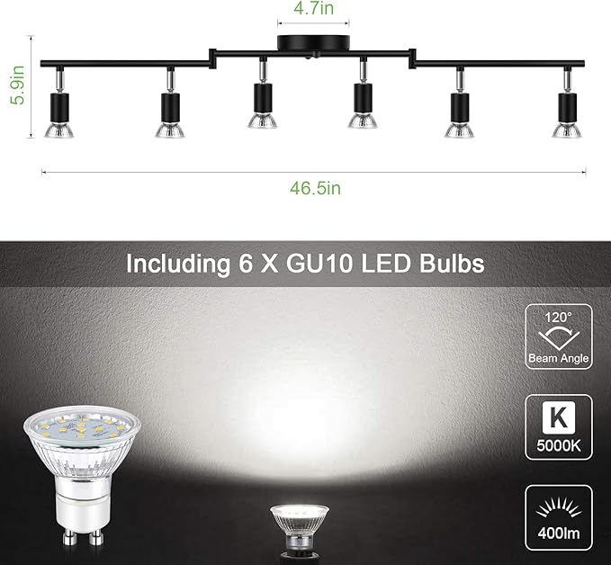 Unicozin LED 6 Light Track Lighting Kit, 46.5'' Black 6 Way Ceiling Spot Lighting, Flexibly Rotatable Head, Track Light Included 6 x LED GU10 Bulb (4W, Daylight White 5000K, 400LM)