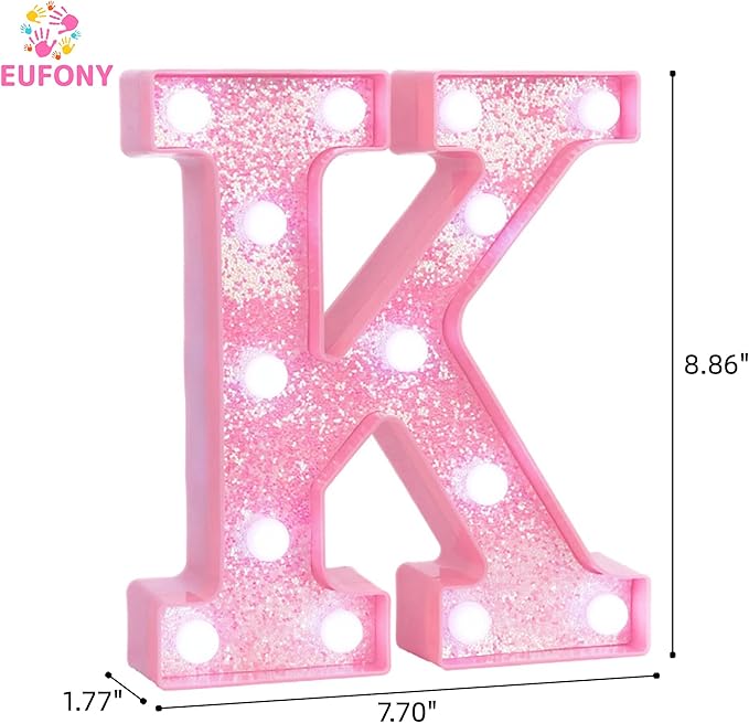 Pink Marquee Light Up Letters, Glitter Alphabet LED Letter Lights for Pink Birthday Party Decorations, Battery Operated Letter Sign for Girls Room Vanity Table Decor, Cool White Lights Letter K