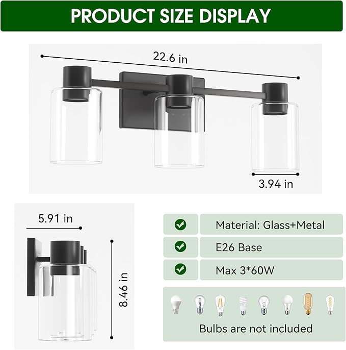 3-Light Matte Black Wall Sconces for Bathroom, Modern Vanity Light Fixtures Over Mirror, Bathroom Light Fixtures with Clear Glass Shade, E26 Wall Sconces for Living Room, Hallway