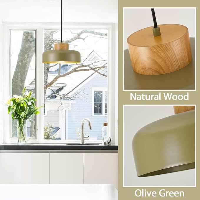 Mid-Century Modern Pendant Light,12.6" Natural Wood & Olive Green Metal Shade,Adjustable Kitchen Island Dining Room Lighting Fixture