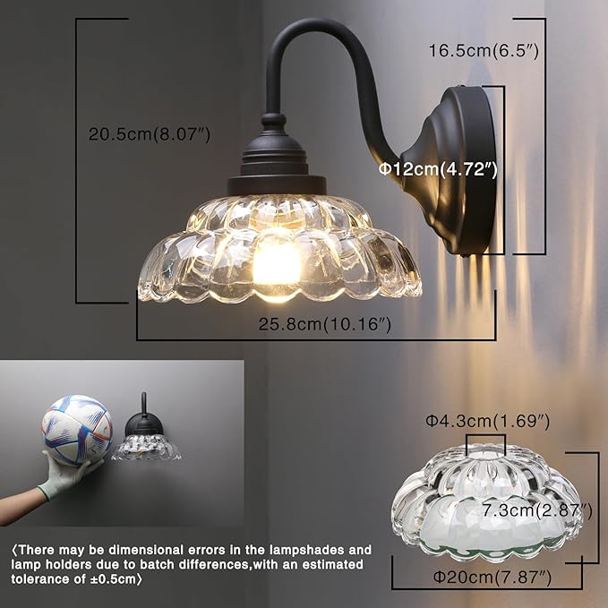 PERMO Vintage Black Wall Sconce with Clrar Lotus Glass Shade Antique Sconces Hardwired Light for Bathroom, Bedroom, or Entryway