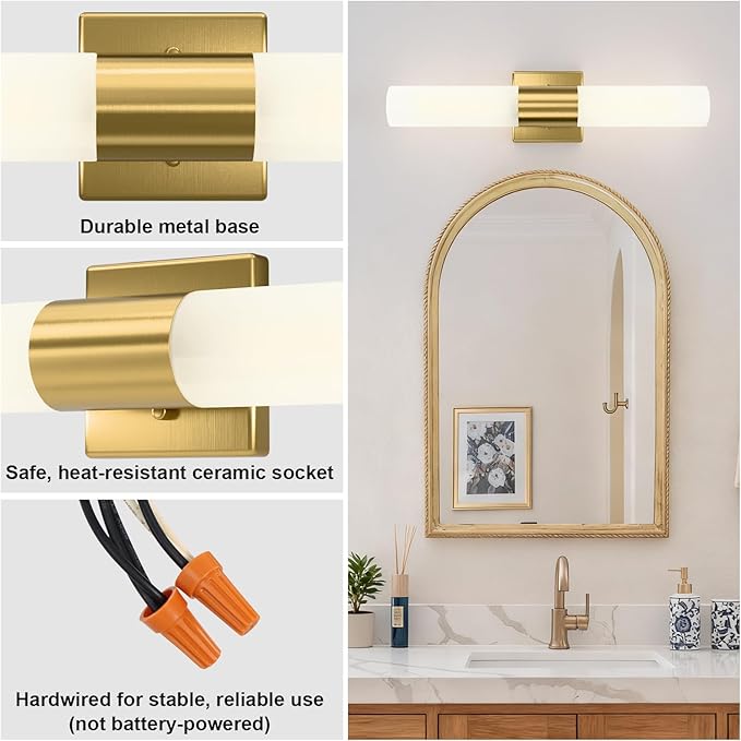 Kalium Bathroom Wall Sconces Set of Two, 21 Inch Modern Vanity Lights with Frosted Glass Shade, Bathrooms Vanity Lighting Fixtures for Mirror Bedroom Living Room Hallway (Gold)