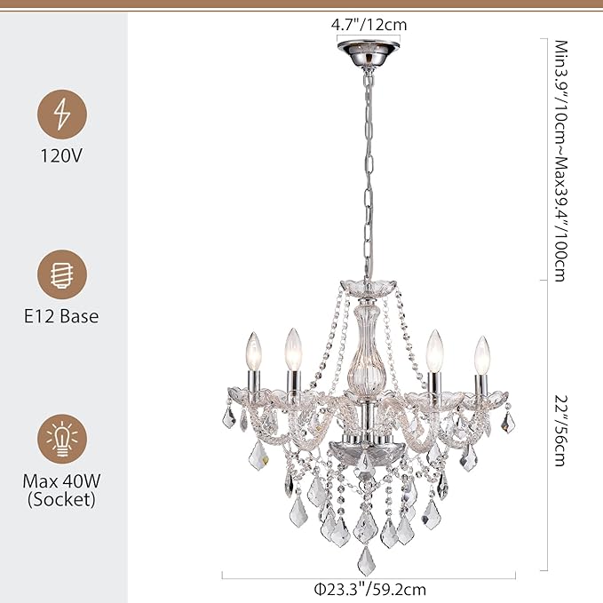 5-Light Modern Candle Crystal Glass Chandelier Pendant Ceiling Lighting Fixture for Dining Room Kitchen Hallway Living Room Bedroom Bar Closet, 23" Chrome Contemporary Elegant Lamp