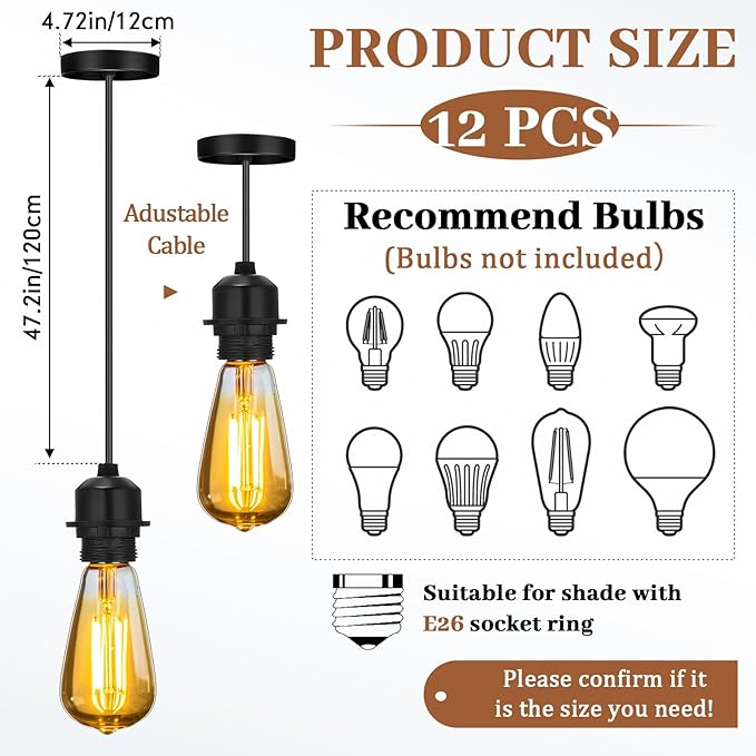 Retisee 12 Pack Industrial Mini Pendant Light Kit Bulk Mini Ceiling Hanging Light Fixtures E26 Lamp Socket Vintage Black Cord Pendant Light Fixtures Adjustable DIY Hanging Lamp Kit for Kitchen Bedroom