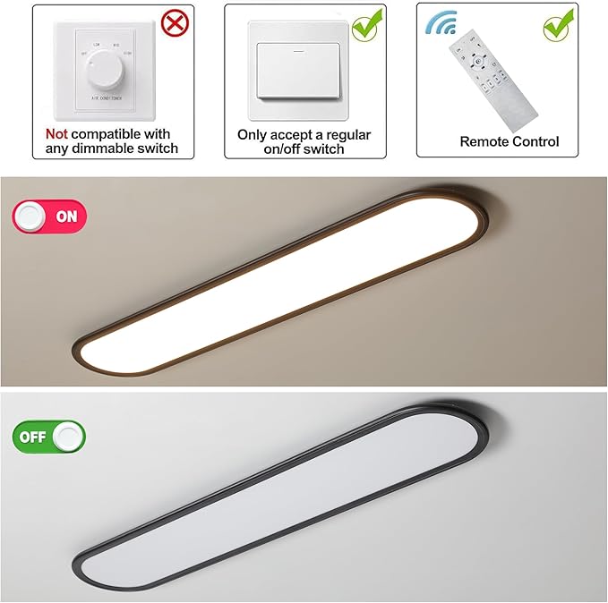 Ganeed 55.1" High Brightness Linear LED Ceiling Lamp, 60W Dimmable Low Profile Flush Mount LED Flat Panel Long Ceiling Light Fixture for Kitchen Office Laundry Shop, Black